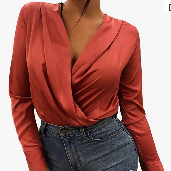 Satin Surplice Plunge Neck Bodysuit size M - Picture 5 of 16